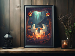 Ghost Reading Book In Gloomy Forest, Vintage Poster, Cute Ghost Poster, Haunting Ghost, Halloween Decor, Dark Academia, Room Decor - Best gifts your whole family