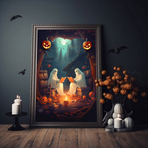 Ghost Reading Book In Gloomy Forest, Vintage Poster, Cute Ghost Poster, Haunting Ghost, Halloween Decor, Dark Academia, Room Decor - Best gifts your whole family