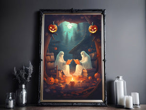 Ghost Reading Book In Gloomy Forest, Vintage Poster, Cute Ghost Poster, Haunting Ghost, Halloween Decor, Dark Academia, Room Decor - Best gifts your whole family