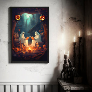 Ghost Reading Book In Gloomy Forest, Vintage Poster, Cute Ghost Poster, Haunting Ghost, Halloween Decor, Dark Academia, Room Decor - Best gifts your whole family