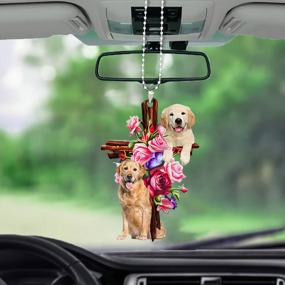 Golden Retriever Roses And Jesus Car Hanging Ornament Dog Ornaments Interior Auto Godmerc - Best gifts your whole family