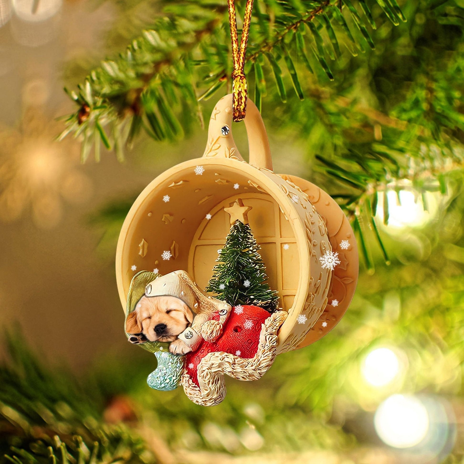 Golden Retriever Sleeping in a tiny cup Christmas Holiday-Two Sided Ornament, Christmas Ornament - Best gifts your whole family