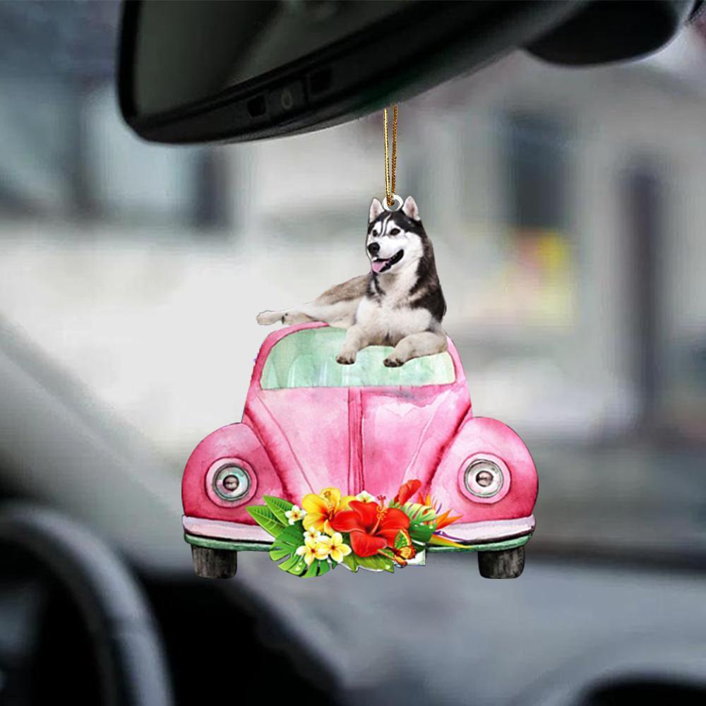 Husky 2-Pink Hippie Car-Two Sided Ornament - Best gifts your whole family