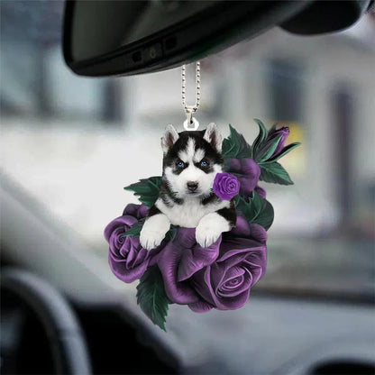 Husky In Purple Rose Car Hanging Ornament - Best gifts your whole family