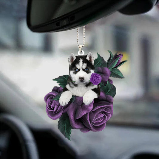 Husky In Purple Rose Car Hanging Ornament - Best gifts your whole family