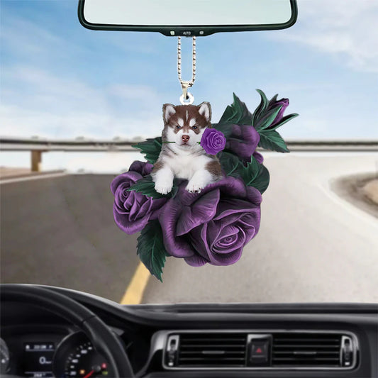 Husky In Purple Rose Car Hanging Ornament, Car Ornament Hanging With Dog - Best gifts your whole family