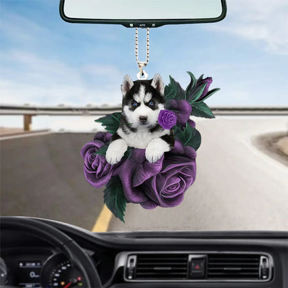 Husky In Purple Rose Car Hanging Ornament - Best gifts your whole family