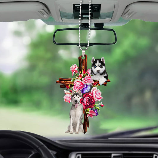 Husky Roses And Jesus Car Hanging Ornament Dog Ornaments For Auto Car Godmerc - Best gifts your whole family