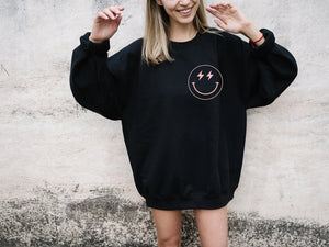 Lighting Bolt Smiley Face Aesthetic Preppy Sweatshirt  Trendy Crewneck Y2K Sweatshirt  VSCO Girl  Retro Smile Face Cute Sweatshirt