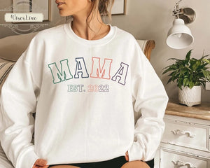 Custom Retro Mama Est 2022 Sweatshirt, Grandma Established Shirt, Personalized Year Mama Crewneck Sweater, Gift For Mom, New Mom Tee