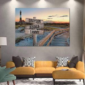 Personalized Fire Island Lighthouse Multi-Names 0.75 and 1,5 Framed Canvas - Street Signs Customized With Names- Home Living- Wall Decor