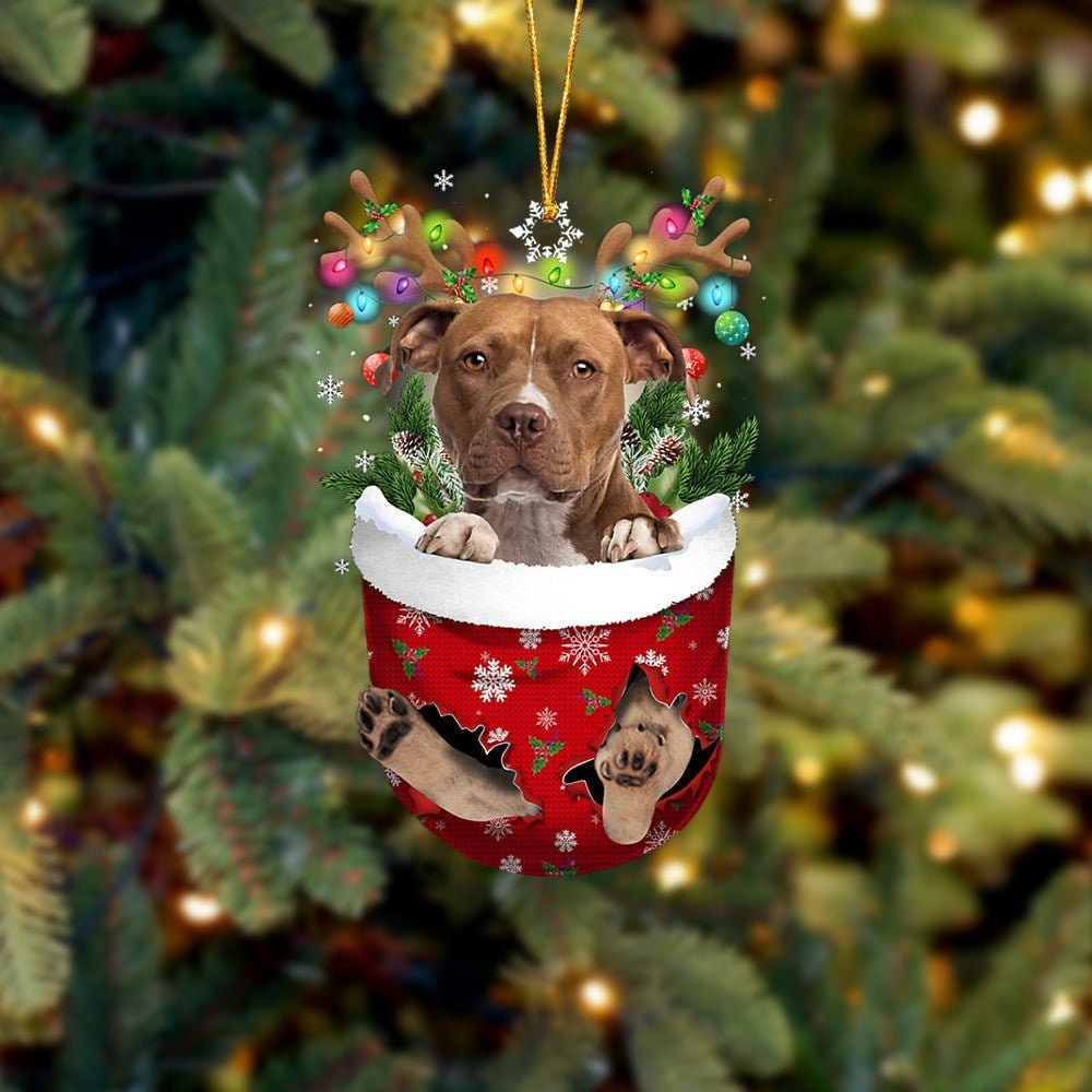 Flat 2D Pitbull In Snow Pocket Christmas Ornament, Dog Ornaments,Personalized Holiday Gifts Pitbull In Red House Christmas Ornament