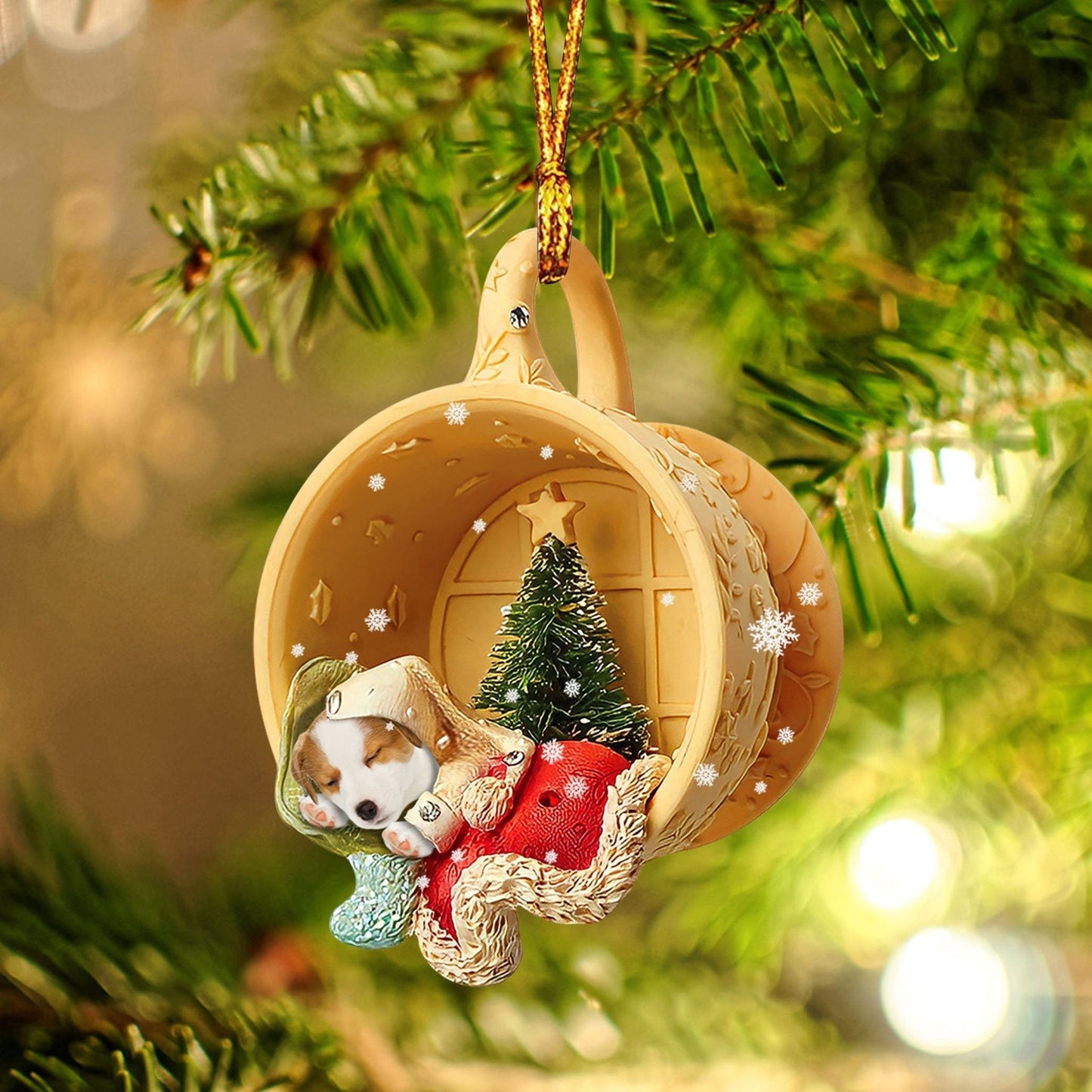 Jack Russell Sleeping in a tiny cup Christmas Holiday-Two Sided Ornament, Christmas Ornament, Car Ornament - Best gifts your whole family