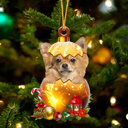 Long haired Tan Chihuahua. In Golden Egg Christmas Ornament - Best gifts your whole family