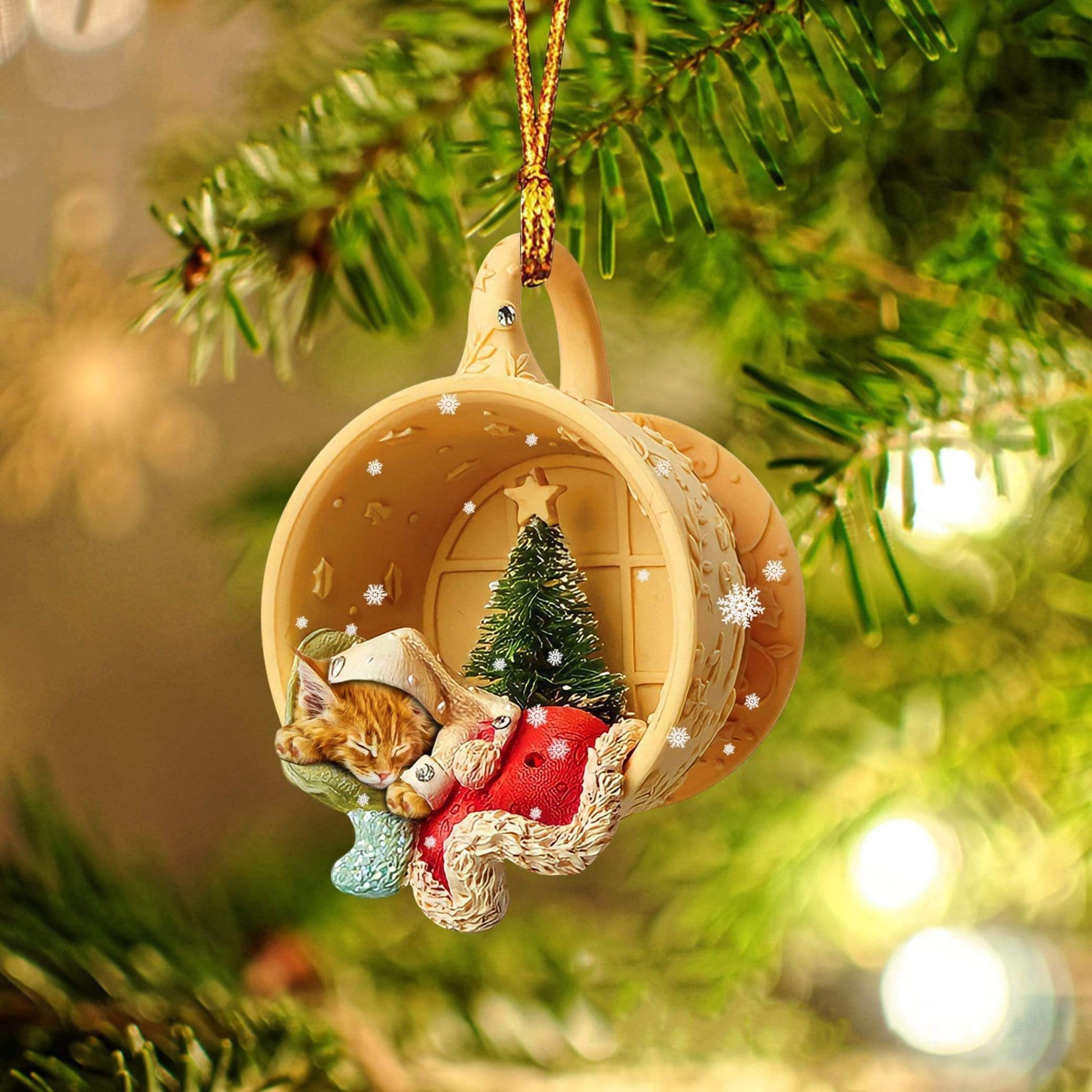 Maine Coon Sleeping in a tiny cup Christmas Holiday - One Sided Ornament, Car Ornament, Christmas Ornament - Best gifts your whole family
