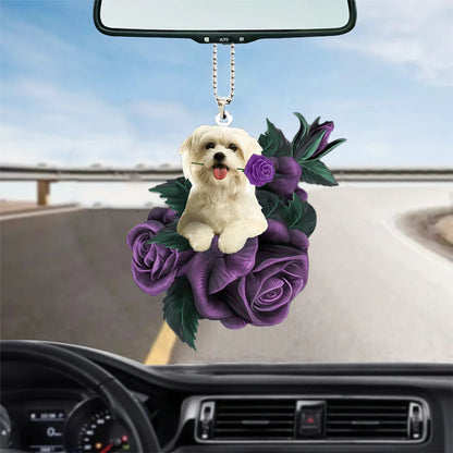 Maltese In Purple Rose Car Hanging Ornament - Best gifts your whole family