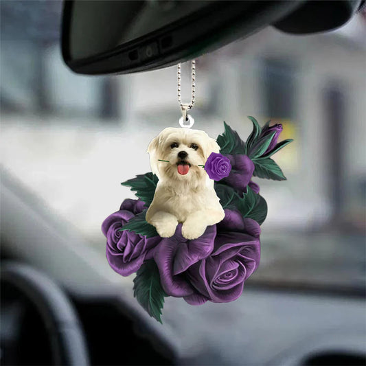 Maltese In Purple Rose Car Hanging Ornament - Best gifts your whole family