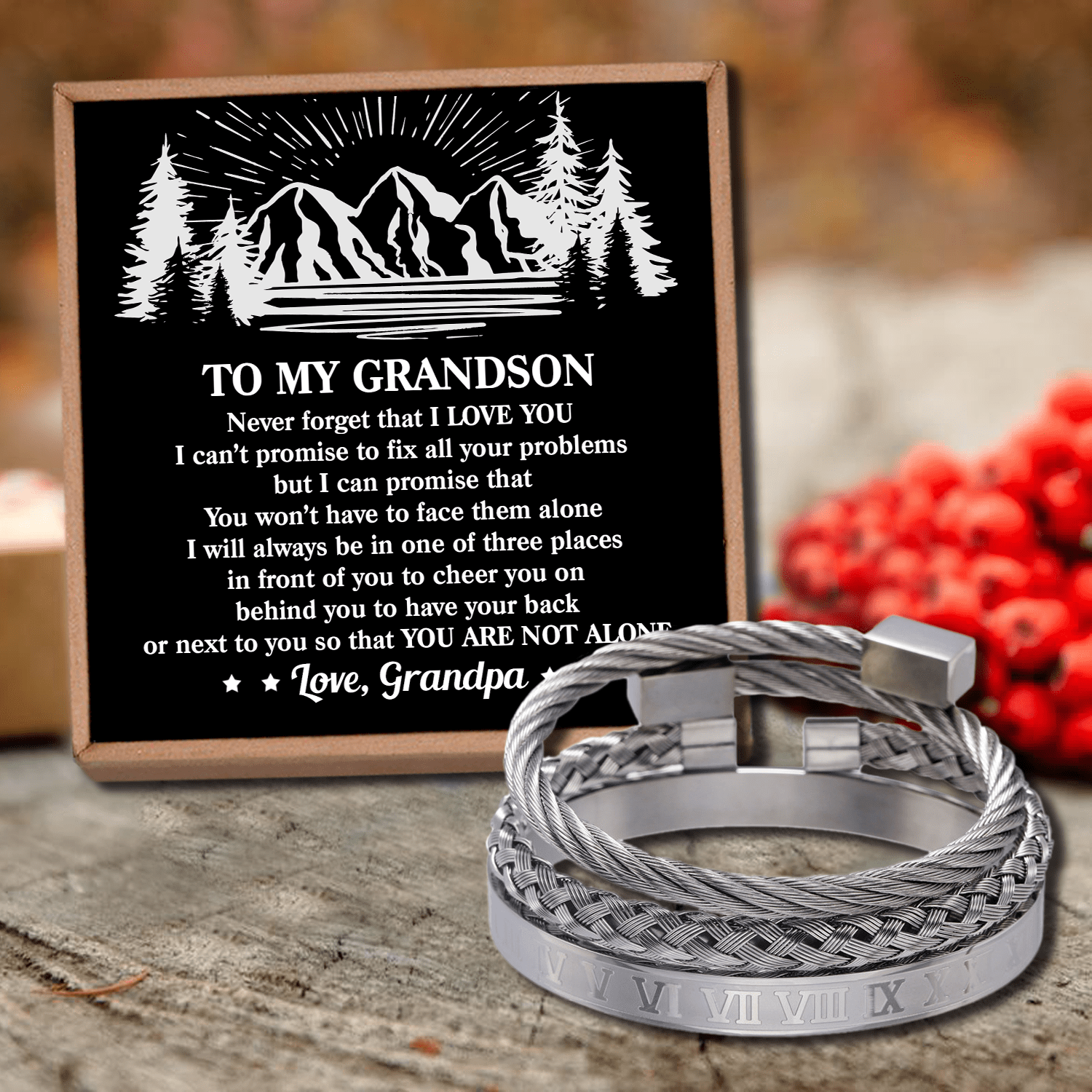 Grandpa To Grandson - You Are Not Alone Roman Numeral Bracelet Set