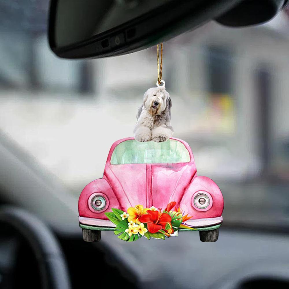 Old English Sheepdog-Pink Hippie Car-Two Sided Ornament - Best gifts your whole family