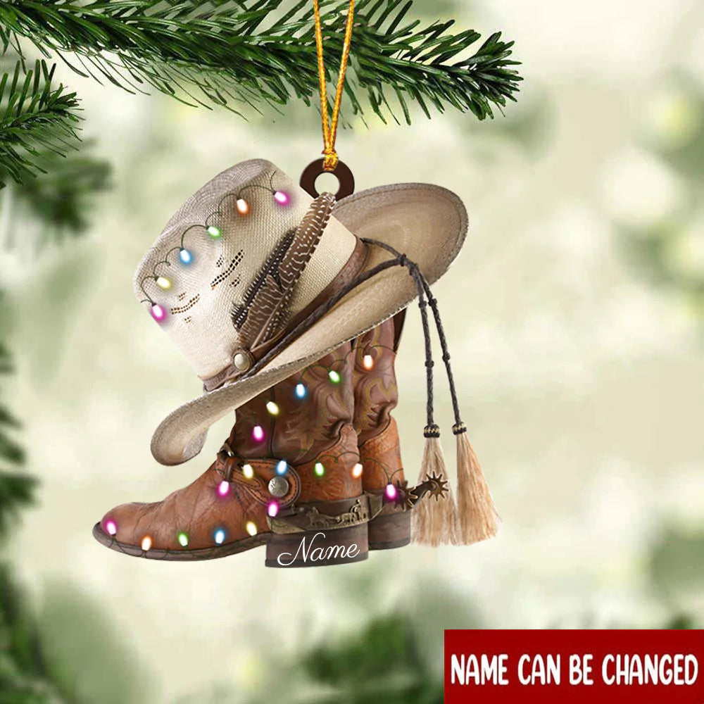 Ornament - Boots and Hat Cowboy With Christmas Light – Custom Shaped Ornament - Personalized Flat Acrylic Ornament - Best gifts your whole family