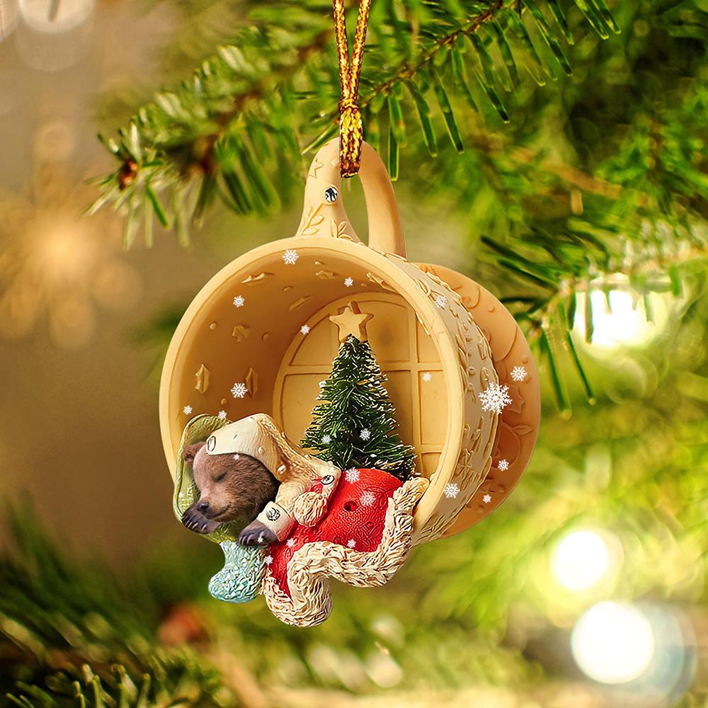 Ornament- Bear Sleeping in a tiny cup Christmas Holiday-Two Sided Ornament, Christmas Ornament, Car Ornament - Best gifts your whole family