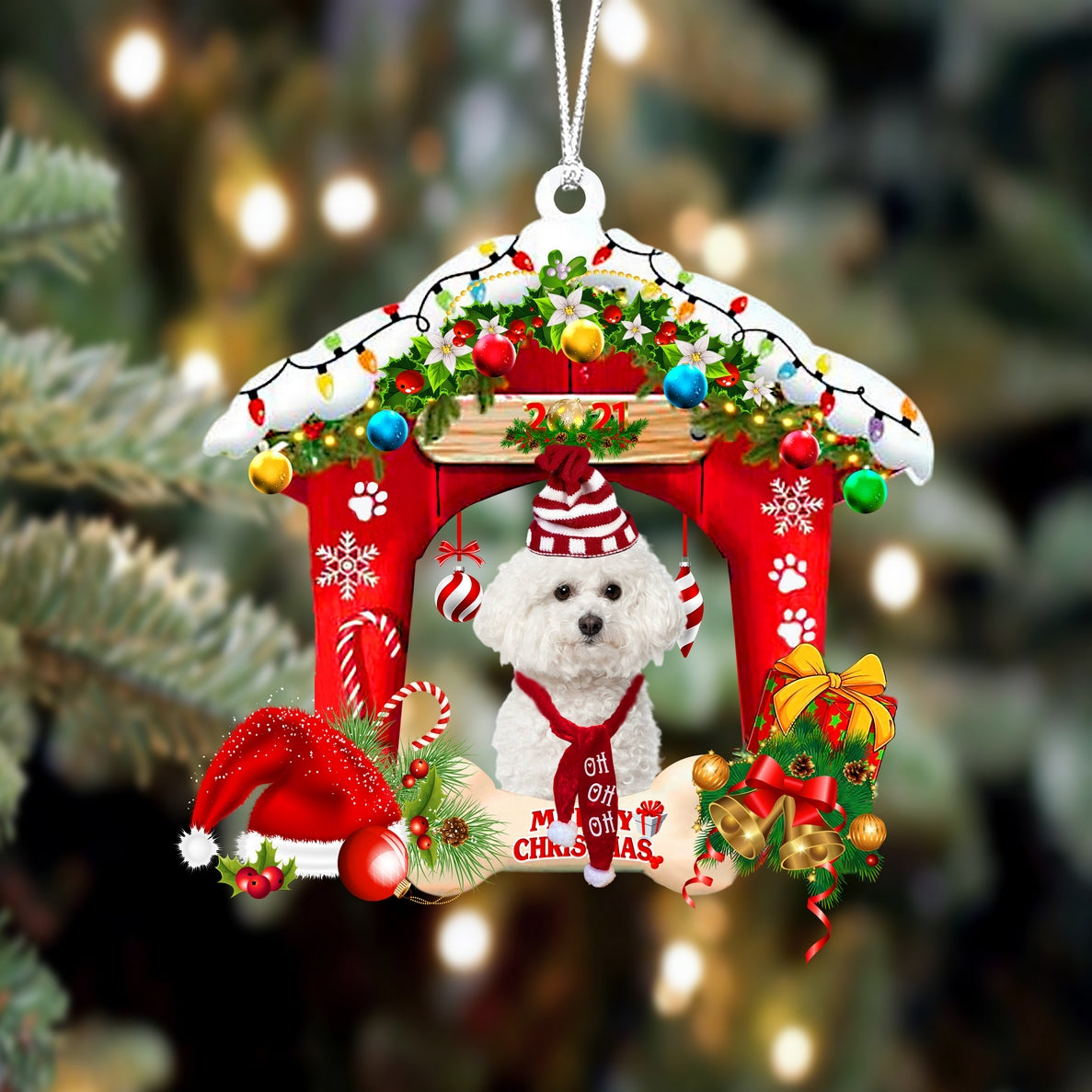 Ornament- Bichon Frise-Christmas House Two Sided Ornament, Happy Christmas Ornament, Car Ornament - Best gifts your whole family