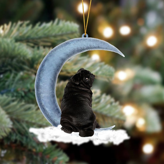 Ornament- Black Pug Sits On The Moon Hanging Ornament Dog Ornament, Car Ornament, Christmas Ornament - Best gifts your whole family