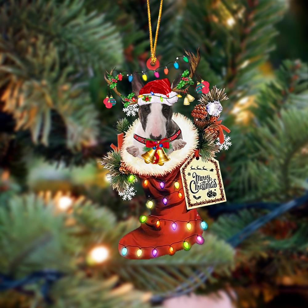 Ornament- Bull Terrier-Xmas Boot-Two Sided Ornament, Happy Christmas Ornament, Car Ornament - Best gifts your whole family