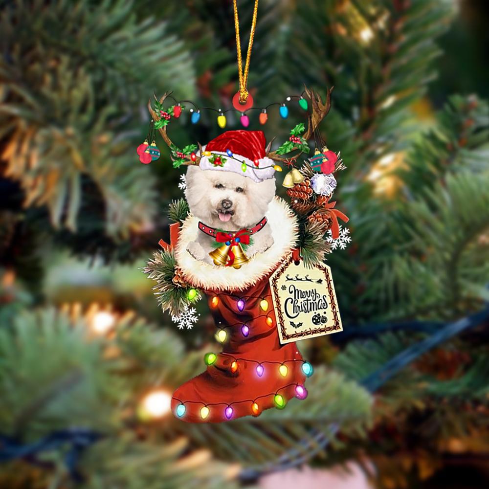 Ornament- CREAM Bichon Frise-Xmas Boot-Two Sided Ornament, Happy Christmas Ornament, Car Ornament - Best gifts your whole family