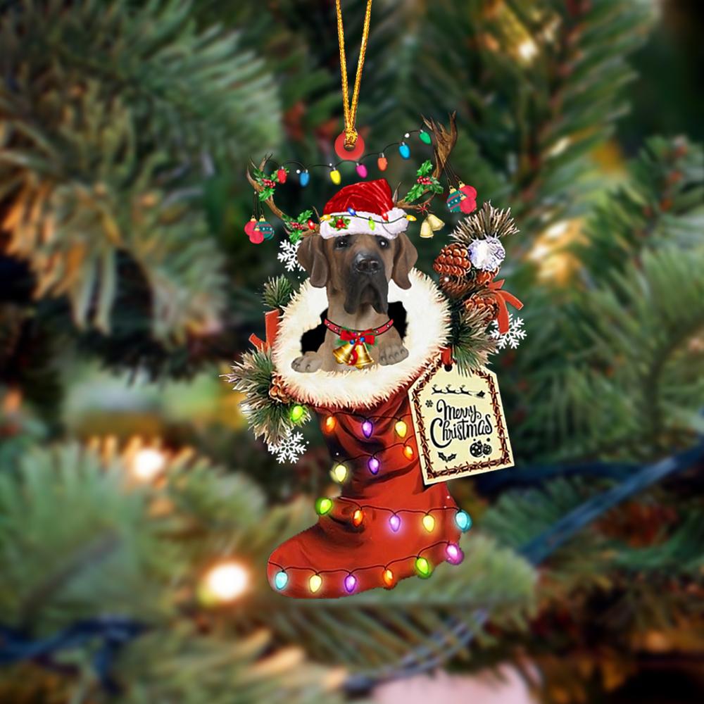 Ornament- Fawn Great Dane-Xmas Boot-Two Sided Ornament, Happy Christmas Ornament, Car Ornament - Best gifts your whole family