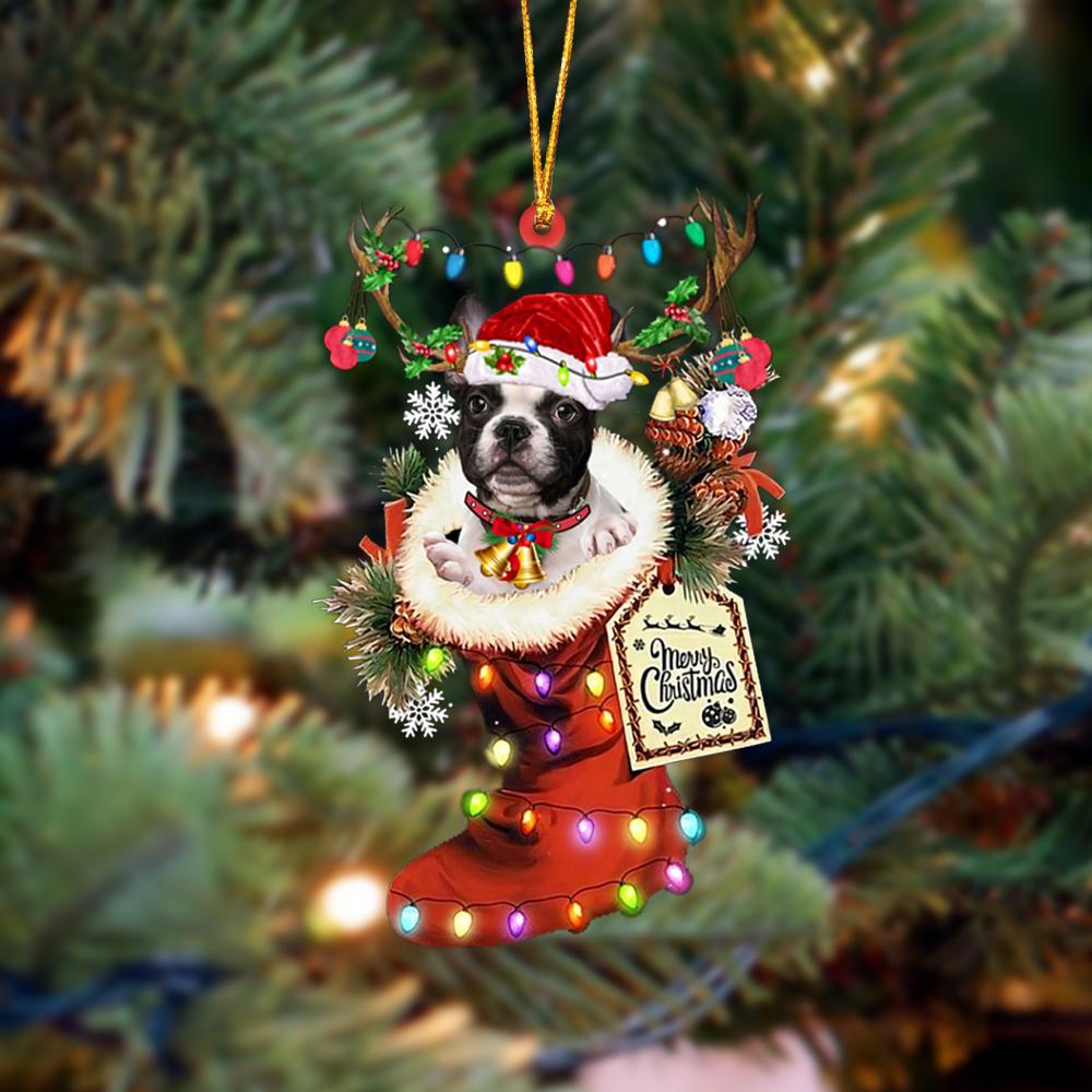 Ornament- French Bulldog 2-Xmas Boot-Two Sided Ornament, Happy Christmas Ornament, Car Ornament - Best gifts your whole family
