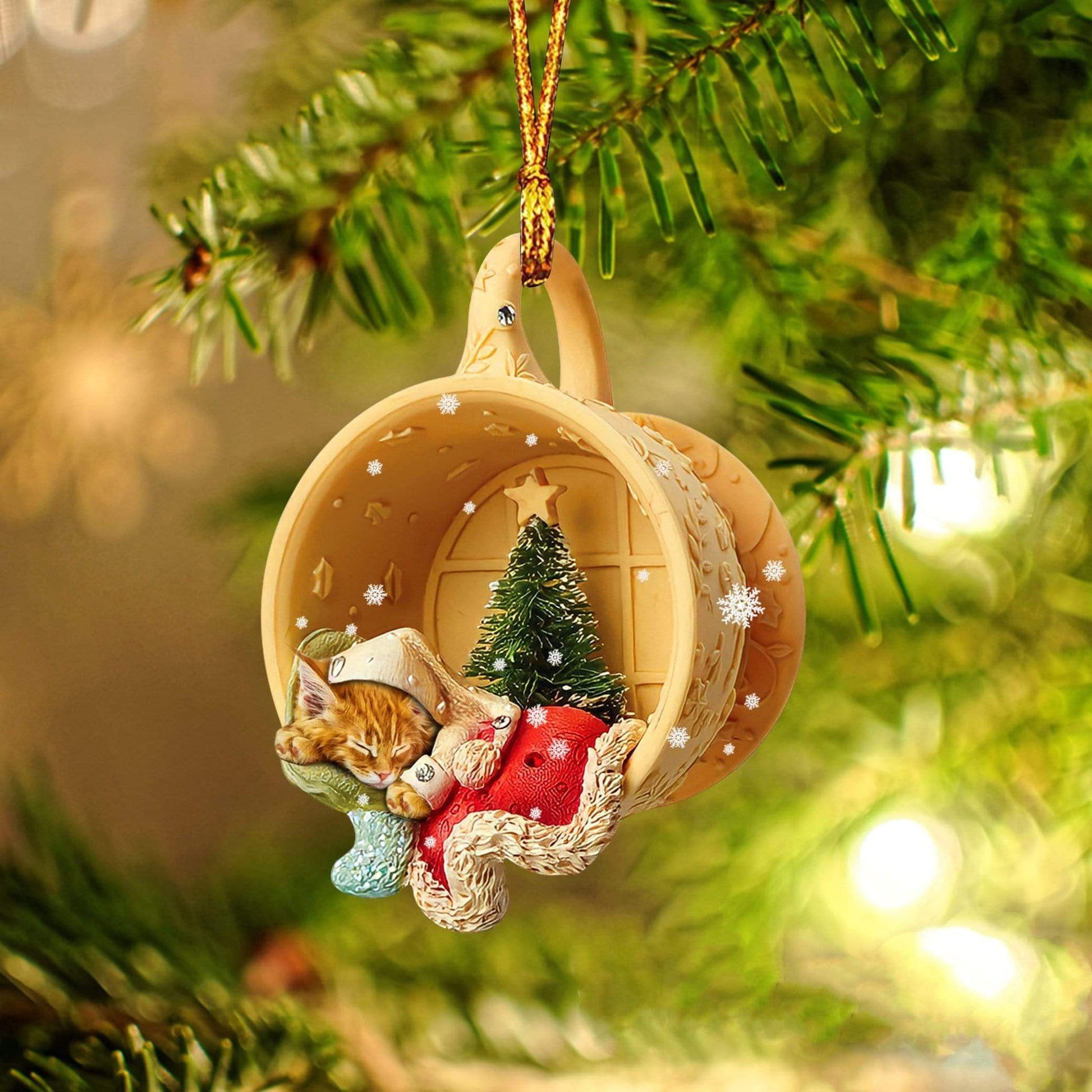 Ornament- Maine Coon Sleeping In A Cup Christmas Ornament Dog Ornament, Car Ornament, Christmas Ornament - Best gifts your whole family