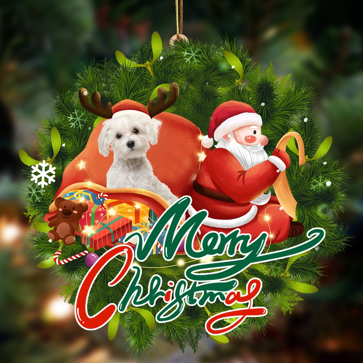 Ornament- Maltes-Santa & dog Hanging Ornament, Happy Christmas Ornament, Car Ornament - Best gifts your whole family