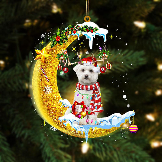 Ornament- Maltese On The Moon Merry Christmas Hanging Ornament Dog Ornament, Car Ornament, Christmas Ornament - Best gifts your whole family