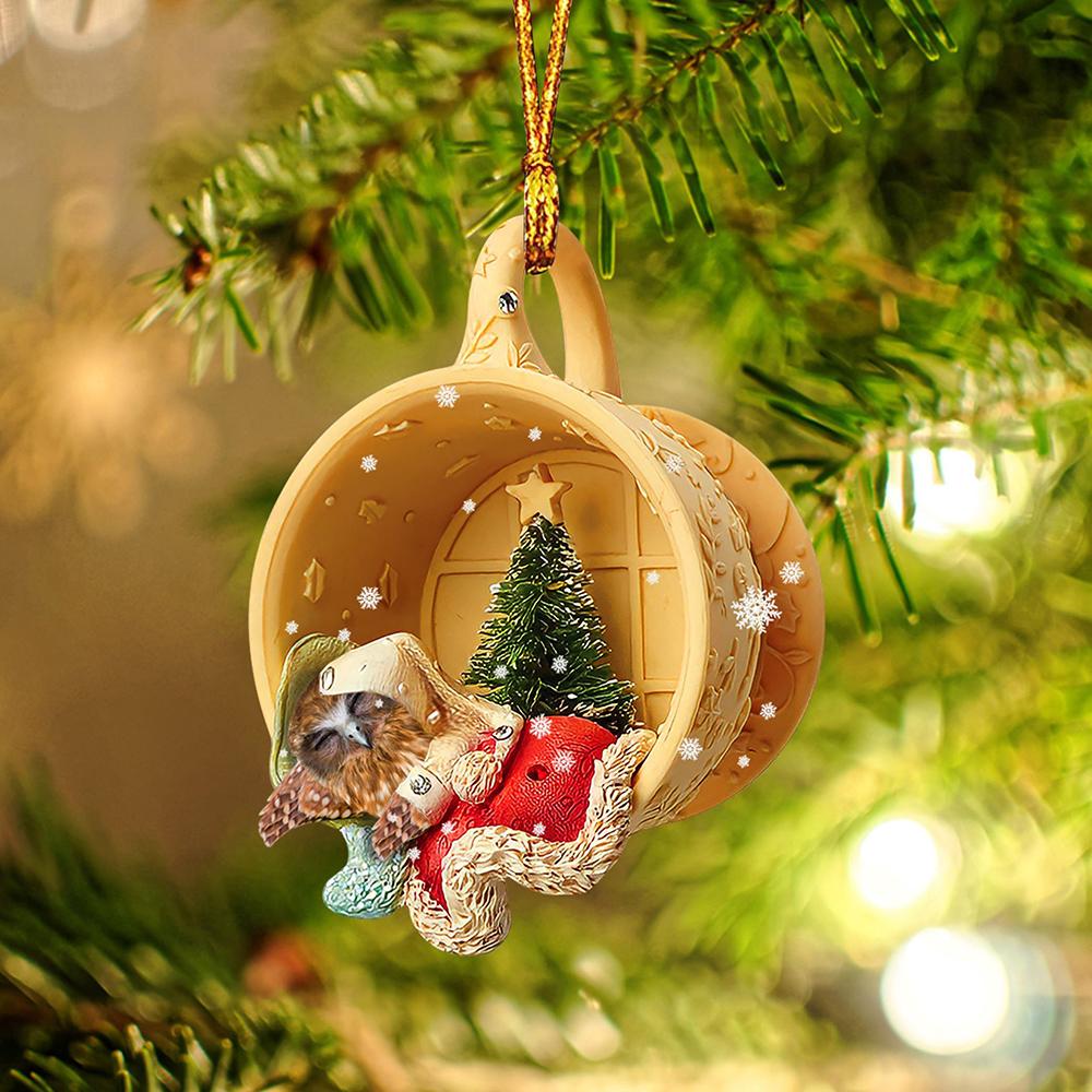 Ornament- Owl Sleeping in a tiny cup Christmas Holiday-Two Sided Ornament, Christmas Ornament, Car Ornament - Best gifts your whole family