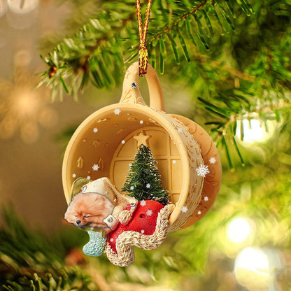 Ornament- Pomeranian Sleeping In A Cup Christmas Ornament Dog Ornament, Car Ornament, Christmas Ornament - Best gifts your whole family