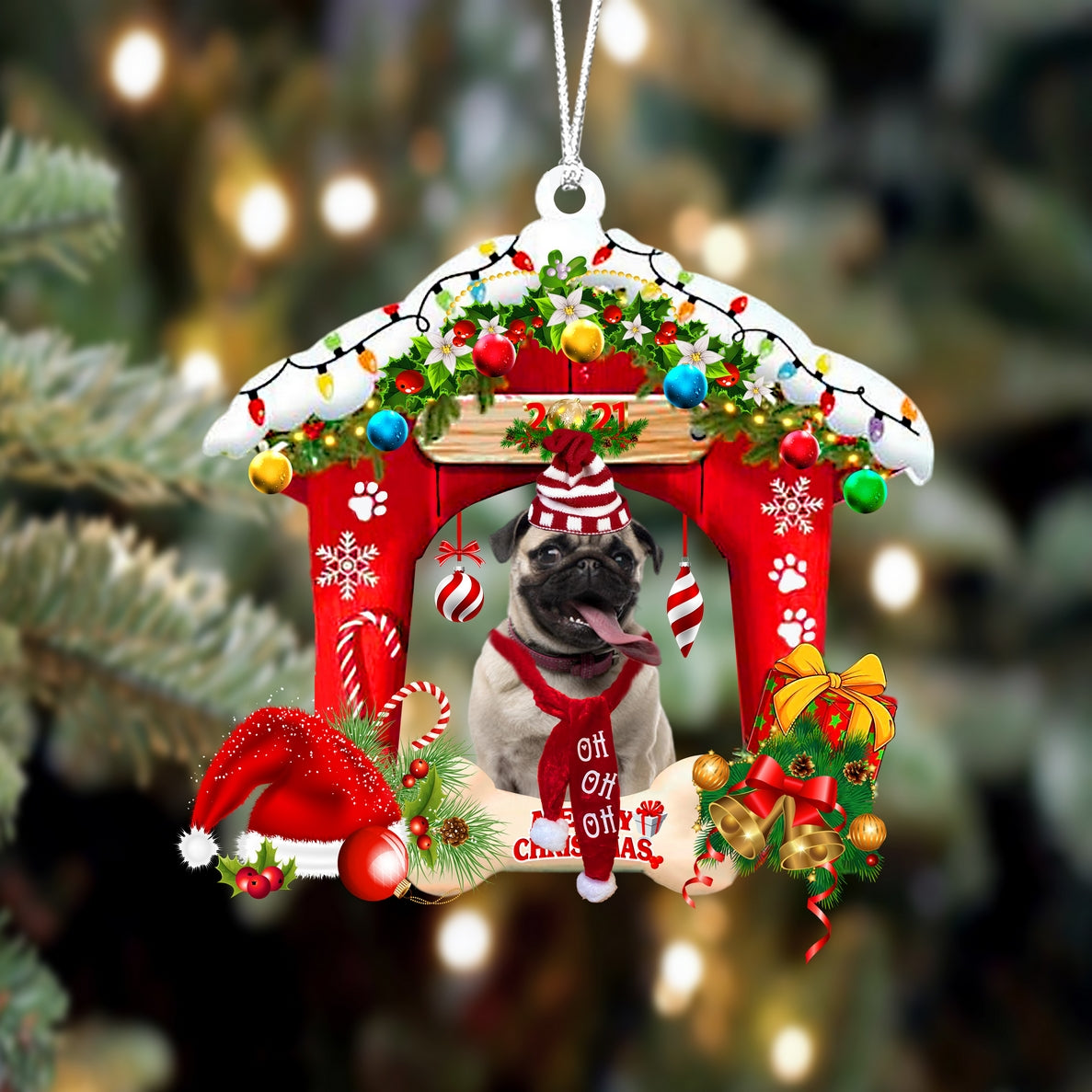 Ornament- Pug 1-Christmas House Two Sided Ornament, Happy Christmas Ornament, Car Ornament - Best gifts your whole family