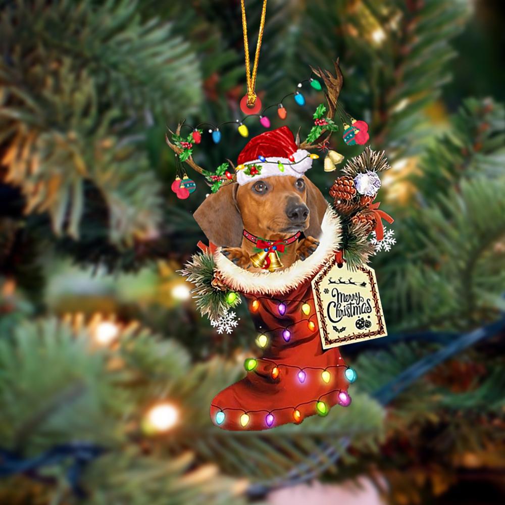 Ornament- RED Dachshund-Xmas Boot-Two Sided Ornament, Happy Christmas Ornament, Car Ornament - Best gifts your whole family