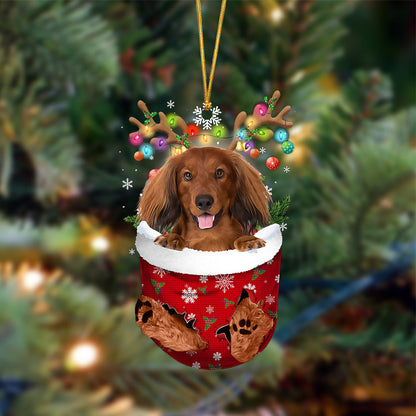 Ornament- RED LONG HAIRED Dachshund-In Christmas Pocket Two Sides Ornament, Christmas Ornament, Car Ornament - Best gifts your whole family