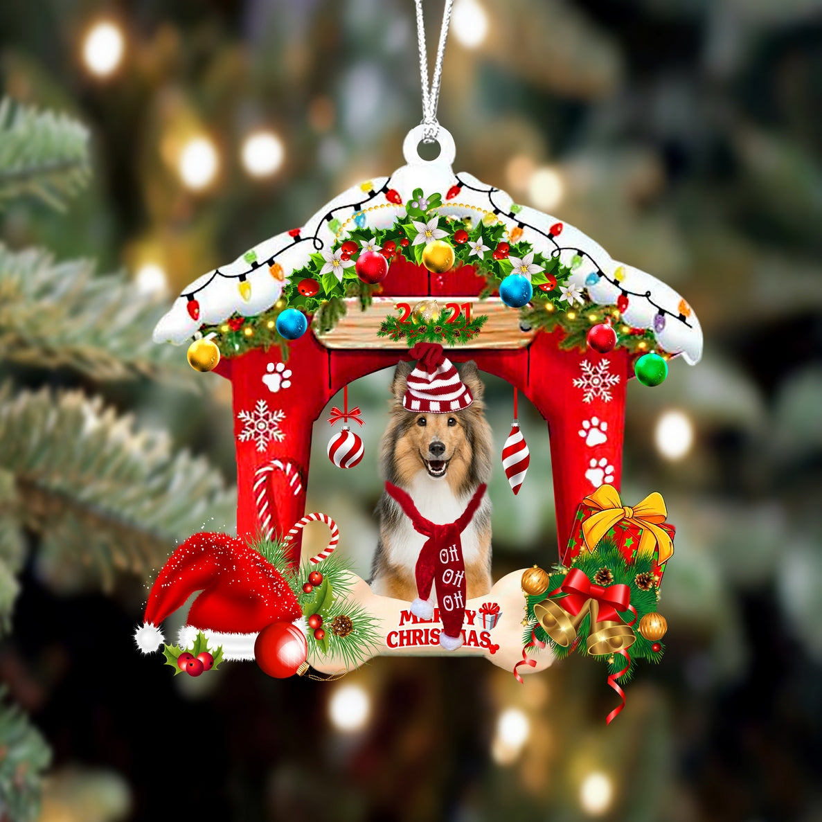 Ornament- Shetland Sheepdog-Christmas House Two Sided Ornament, Happy Christmas Ornament, Car Ornament - Best gifts your whole family