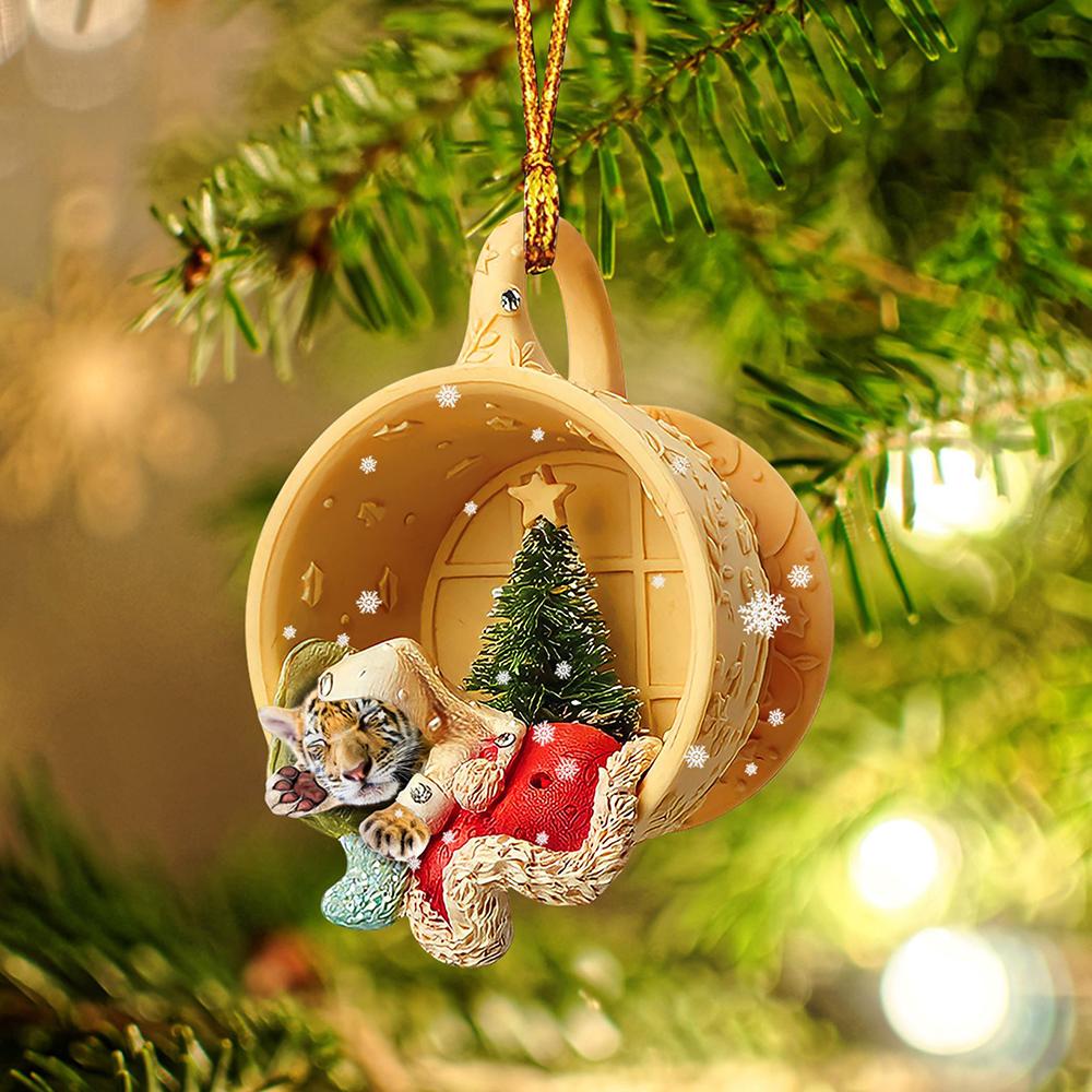 Ornament- Tiger Sleeping in a tiny cup Christmas Holiday-Two Sided Ornament, Christmas Ornament, Car Ornament - Best gifts your whole family