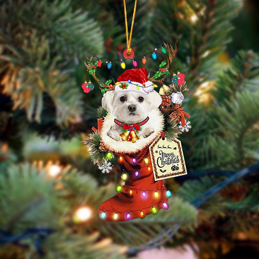 Ornament- WHITE Maltese-Xmas Boot-Two Sided Ornament, Happy Christmas Ornament, Car Ornament - Best gifts your whole family