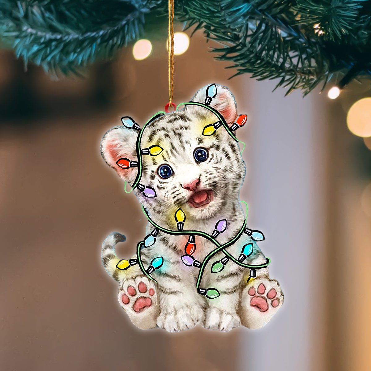 Ornament- White Tiger Christmas Light Hanging Ornament Dog Ornament, Car Ornament, Christmas Ornament - Best gifts your whole family
