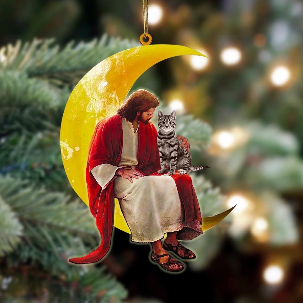 Ornaments- Tabby Cat And Jesus Sitting On The Moon Hanging Ornament, Dog Ornaments, Car Ornament - Best gifts your whole family