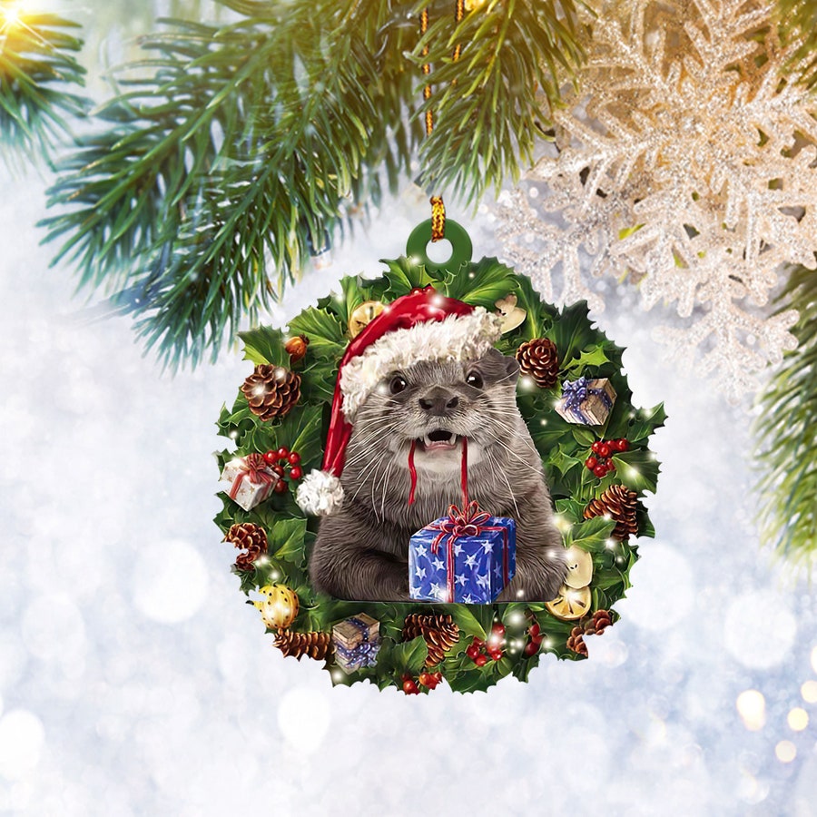 Otter Christmas Wreath Flat 2D Ornament, Animal Lover Gifts, Christmas Tree Ornament, Home Decor Plastic Ornament - Best gifts your whole family