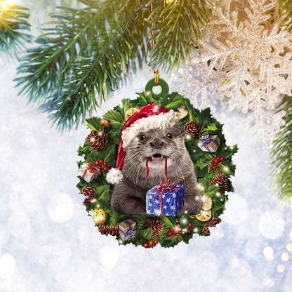 Otter Christmas Wreath Flat 2D Ornament, Animal Lover Gifts, Christmas Tree Ornament, Home Decor Plastic Ornament - Best gifts your whole family