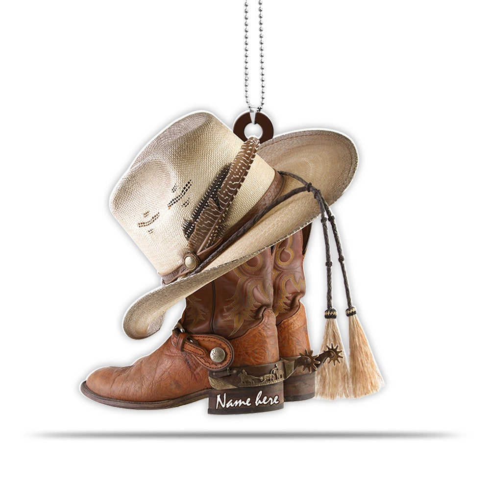 Personalized Boots And Hat Cowboy Flat Acrylic Car Hanging Ornament - Best gifts your whole family