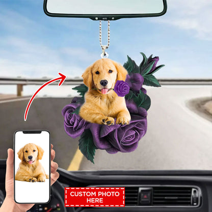 Pet Custom Photo In Purple Rose Car Hanging Ornament, Custom Dog Hanging Ornament For Car - Best gifts your whole family