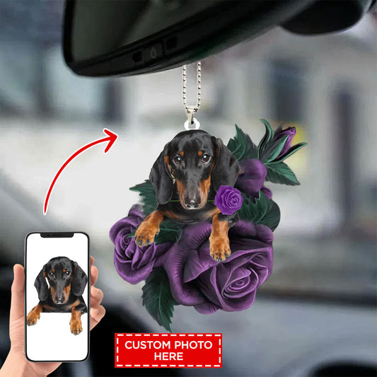 Pet Custom Photo In Purple Rose Car Hanging Ornament, Custom Dog Hanging Ornament For Car - Best gifts your whole family