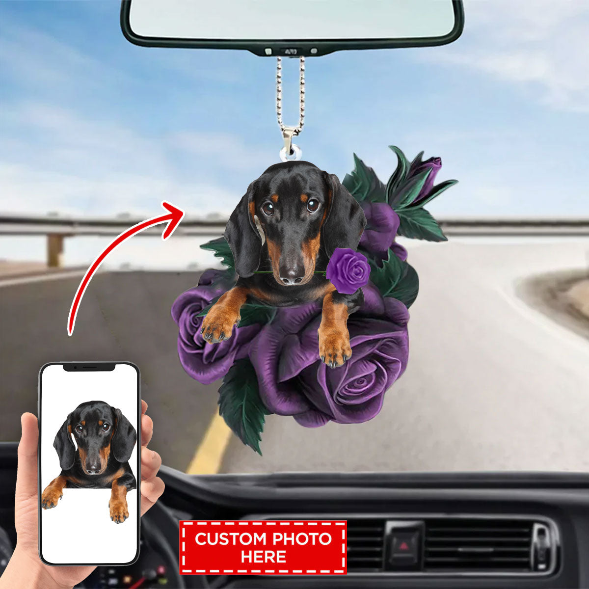 Pet Custom Photo In Purple Rose Car Hanging Ornament, Custom Dog Hanging Ornament For Car - Best gifts your whole family